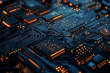 Obraz premium High tech circuit board with glowing components. Concept of advanced technology, innovation, and digital future.