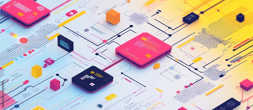 Poster abstract 3d illustration of a network of interconnected colorful squares.