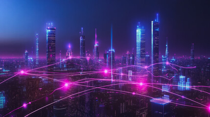 Smart digital Innovation city with connection network reciprocity over the cityscape. of future smart wireless digital city and social media networking systems that connects people with in city