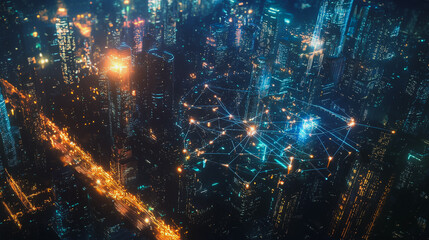 Obraz premium Smart digital Innovation city with connection network reciprocity over the cityscape. of future smart wireless digital city and social media networking systems that connects people with in city