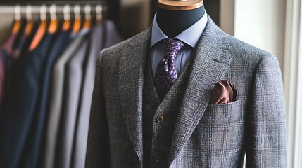 Closeup of a Grey Plaid Suit Jacket with a Floral Tie and Pocket Square