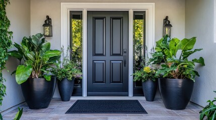 Naklejka premium Modern home entrance with black door, potted plants, and stone flooring.