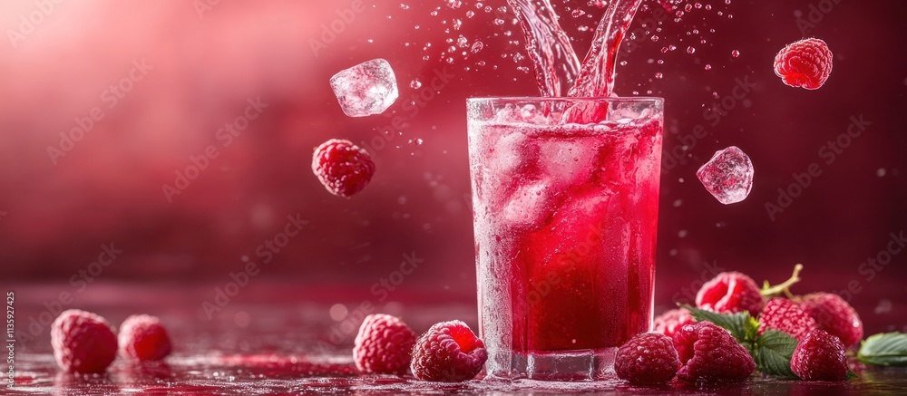 Poster refreshing raspberry drink with ice cubes splashing in a glass.