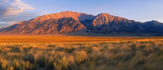 Fototapeta premium mountain range at sunrise with golden grass