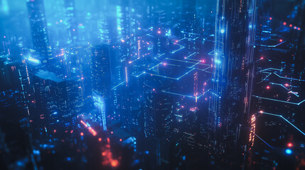 Obraz premium Smart digital Innovation city with connection network reciprocity over the cityscape. of future smart wireless digital city and social media networking systems that connects people with in city