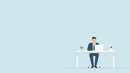 Obraz premium A businessman sitting at a desk with a laptop and a plant in a minimalist office setting.