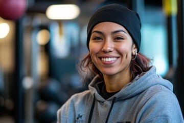portrait of a person in a gym wearing a beanie and sweatshirt