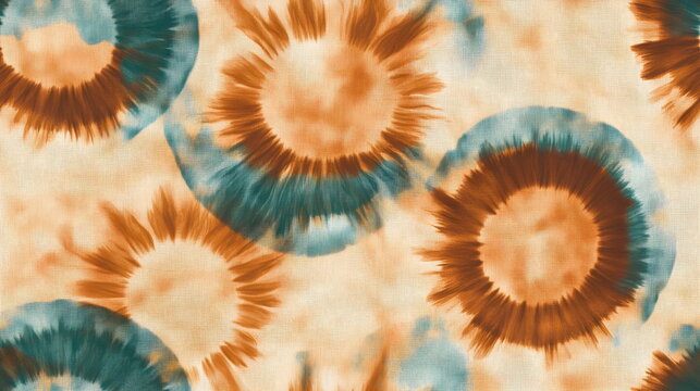Abstract hippie background with colorful turquoise and yellow orange circles isolated. Seamless kaleidoscopic tie-dye pattern in shibori style. Watercolor paint abstract texture. Psychedelic print.