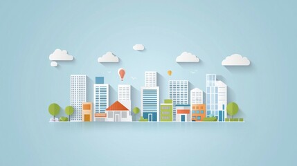 A colorful, minimalist city skyline with buildings, trees, and clouds.
