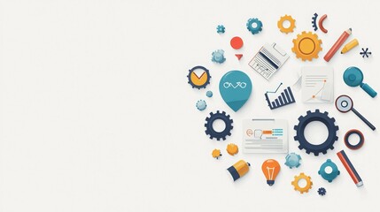 A collection of graphic elements representing business and technology concepts.