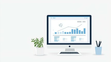 A computer displaying a graph with data visualization, accompanied by plants and stationery.