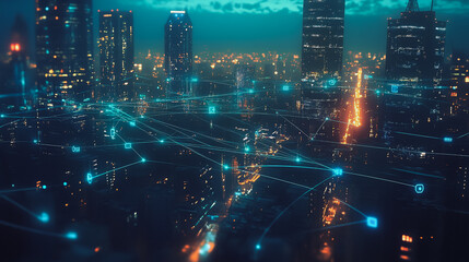 Smart digital Innovation city with connection network reciprocity over the cityscape. of future smart wireless digital city and social media networking systems that connects people with in city