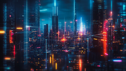 Fototapeta premium Smart digital Innovation city with connection network reciprocity over the cityscape. of future smart wireless digital city and social media networking systems that connects people with in city
