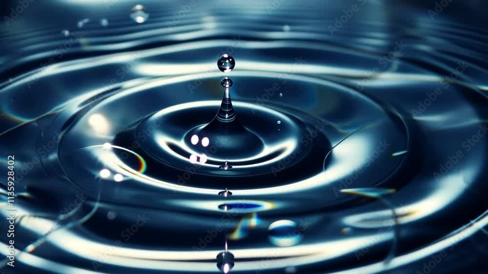 Poster liquid serenity: a single drop of water creates mesmerizing concentric ripples on a dark blue surfac