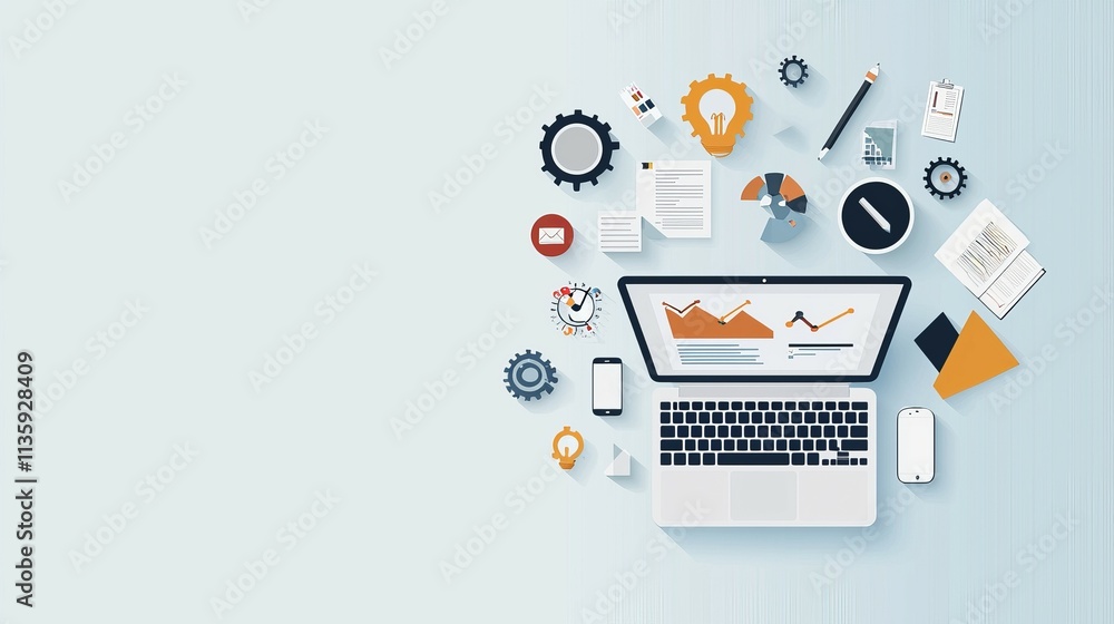 Aufkleber a laptop surrounded by various business and technology icons representing data and analytics.