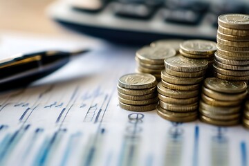 Financial Growth, Investment, and Savings Concept. Coins Stacked on Financial Charts.