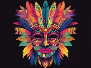a colorful mask with many feathers