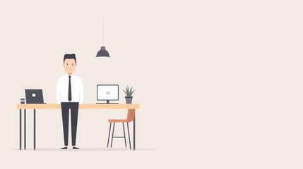 A minimalist office scene featuring a man standing at a desk with a laptop and a plant.
