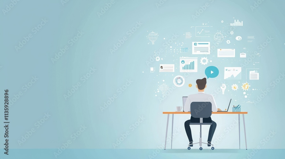 Poster a person working at a desk, surrounded by digital icons representing data and technology.