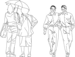 Vector sketch illustration, silhouette design, image of a couple, lovers and friends walking down the street.eps