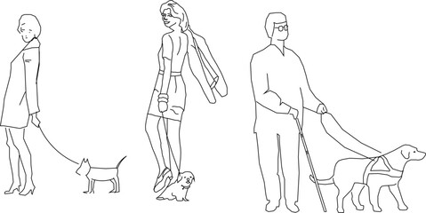 Vector sketch illustration, silhouette design, activity of people walking with pets.eps