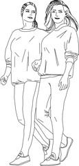 Vector sketch illustration, silhouette design, image of a couple, lovers and friends walking down the street.eps