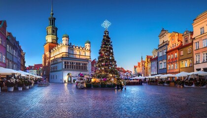 Obraz premium Generated image Christmas decorations adorning the Old Market Square in Poznan, with festive lights