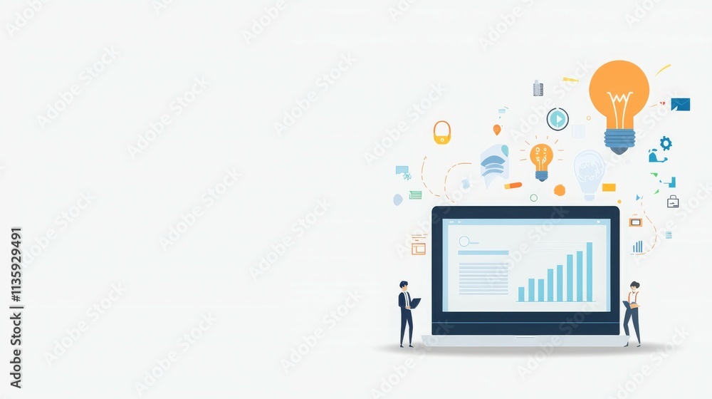 Poster illustration of a laptop displaying data analytics with creative elements around.