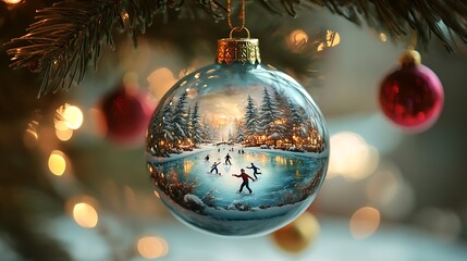 A beautiful glass ornament encasing a tiny frozen lake with skaters gliding joyfully, surrounded by snow-laden trees and glowing lanterns, delicate frost patterns on the glass surface,
