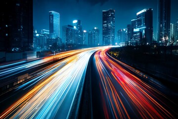 Obraz premium City Expressway at Night with Light Trails. Concept of Speed, Urban Life, and Technology.