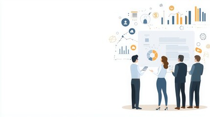 Fototapeta premium Business team analyzing data on a presentation board with graphs and charts.