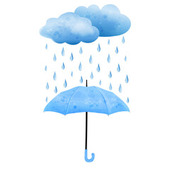 Blue umbrella under rain cloud. Cute vector illustration of rainy day in watercolor style.