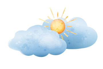 Sun behind clouds. Vector watercolor illustration of sunrise