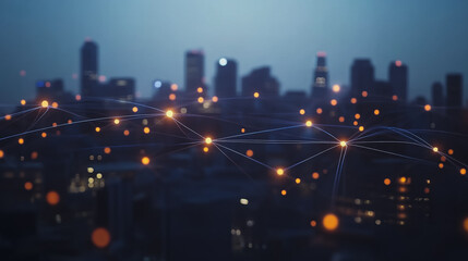 Obraz premium Smart digital Innovation city with connection network reciprocity over the cityscape. of future smart wireless digital city and social media networking systems that connects people with in city