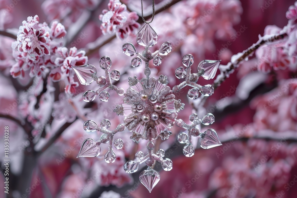 Poster a close-up shot of a glass snowflake ornament hanging from a branch covered in frost, a delicate gla