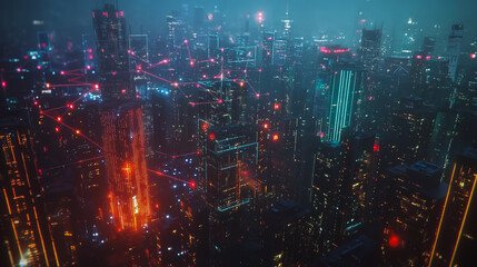 Fototapeta premium Smart digital Innovation city with connection network reciprocity over the cityscape. of future smart wireless digital city and social media networking systems that connects people with in city