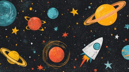 Fototapeta premium A colorful poster displaying fun facts about space with whimsical illustrations of planets and stars.