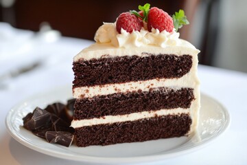 a slice of chocolate cake with raspberries and frosting