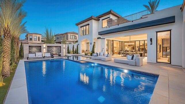 Luxury Modern Home with Stunning Poolside View at Dusk: California Dream House Architecture