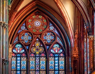 Fototapeta premium Generated image A close-up of the intricate stained glass windows in the Poznań Cathedral