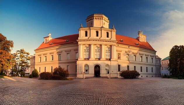 Generated image The Collegium Maius building of Adam Mickiewicz University in Poznan, bathed in golden sunlight