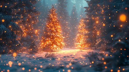 Naklejka premium A breathtaking winter forest blanketed in fresh snow, pine trees shimmering with colorful fairy lights, the moonlight creating soft shadows on the ground, snow gently falling,