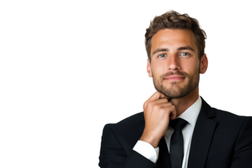 A confident, well-dressed man in a suit and tie, posing with his hand on his chin against a transparent background