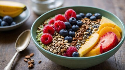 A smoothie bowl with a colorful mix of fruits and seeds.