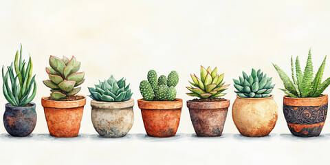 Fototapeta premium row of potted succulents in watercolor art style