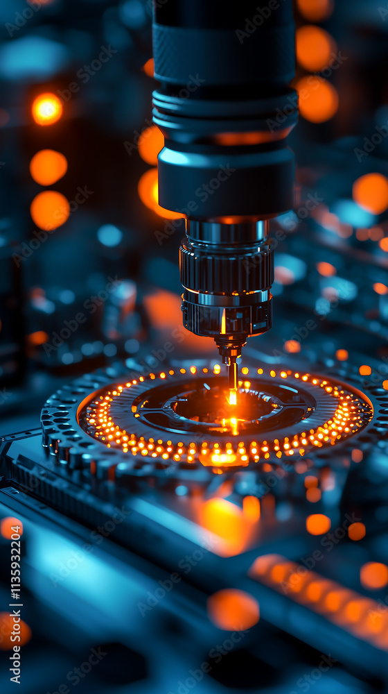 Poster futuristic precision robotics drilling a glowing mechanical circuit