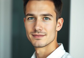 A calm and professional half-length portrait of a 25-year-old male with a neutral expression.