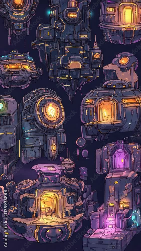 Poster futuristic glowing structures floating in a deep space setting at night