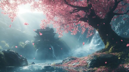 Fototapeta premium Enchanted Waterfall: A Serene Japanese Garden Landscape