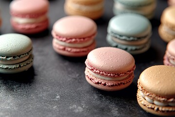 Fototapeta premium Assorted Colorful Macarons on Dark Surface